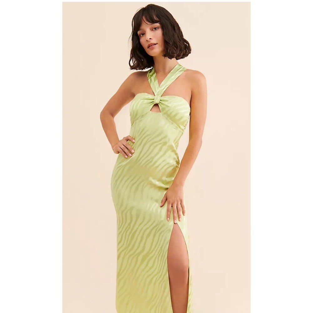 Saylor Connor Sage Green Zebra Jacquard Halter Midi Dress Side Slit Size S - Picture 2 of 6